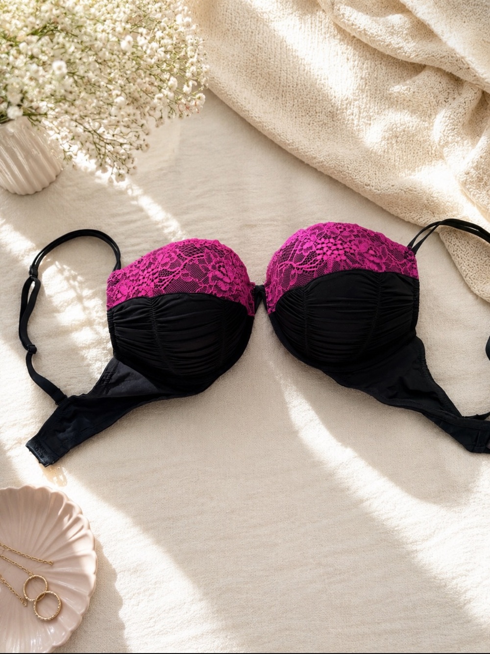 La SENZA Black and Hot Pink Lace Push-Up Bra